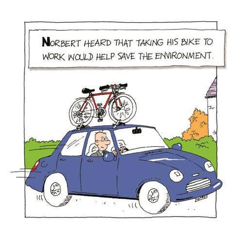 Norbert & Val Open Norbert Driving With Bike on Roof